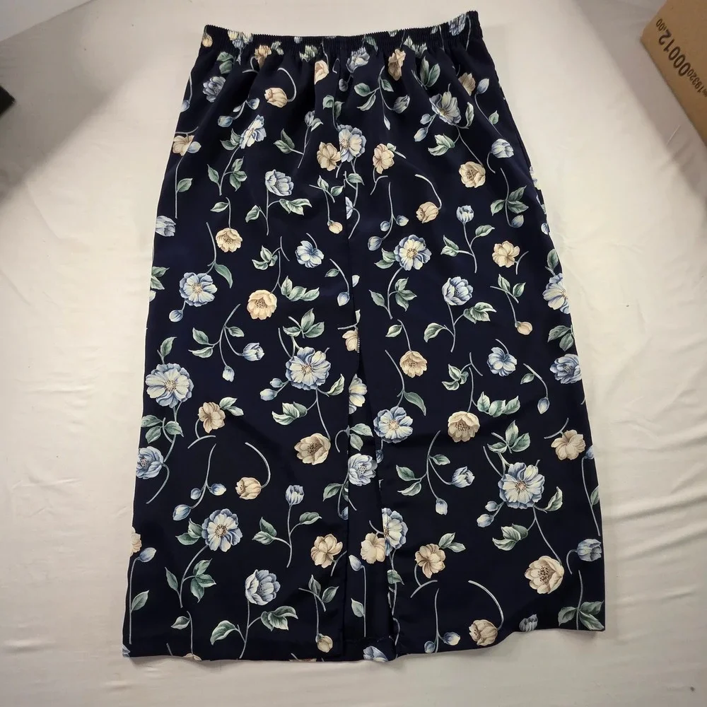 Floral Midi Skirt Elastic‎ Waist Navy Blue Vintage 34 Large Cottagecore Spring